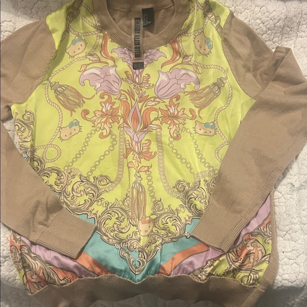 Hello Kitty Forever Pastel Yellow & Tan Baroque Print Top